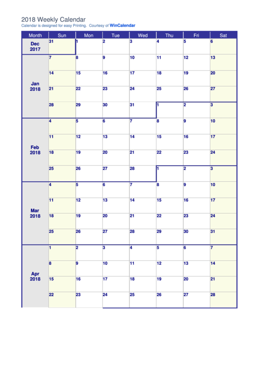 Weekly Calendar Template From Monday - 2018 Printable pdf