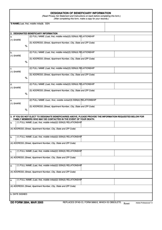 Fillable Dd Form 2894, Designation Of Beneficiary Information Printable pdf