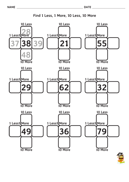Find 1 Less, 1 More, 10 Less, 10 More Numbers Worksheets Printable pdf