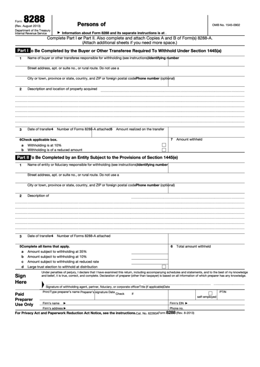 Fillable Form 8288 Withholding Tax Return Printable pdf