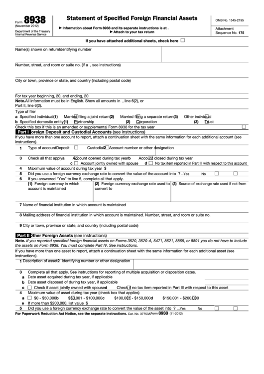 Fillable Form 8938 (November 2012) - Statement Of Specified Foreign Financial Assets Printable pdf
