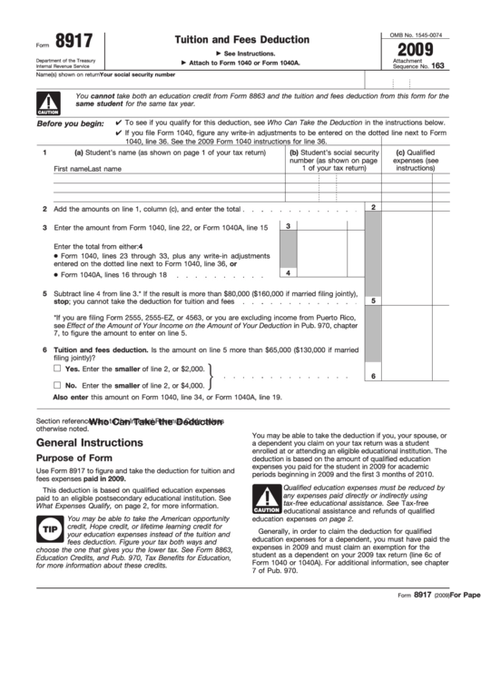 Fillable 2009 Form 8917 - Tuition And Fees Deduction Template Printable pdf