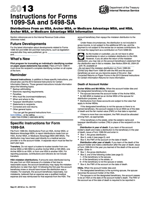Instructions For Forms 1099-Sa And 5498-Sa - 2013 Printable pdf