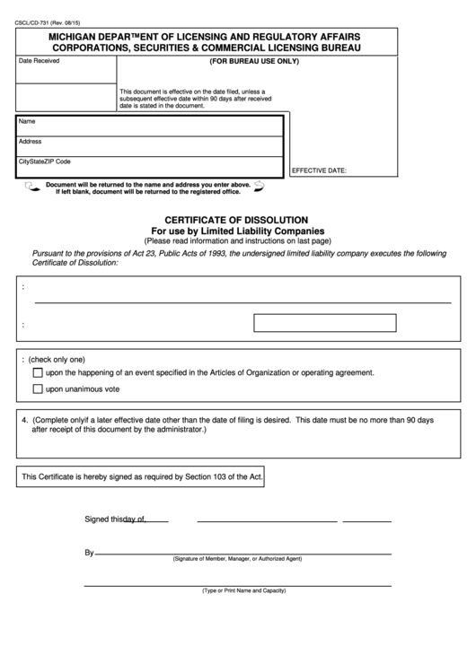 Fillable Certificate Of Dissolution For Use By Limited Liability Companies Printable pdf