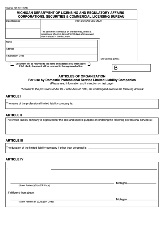 Fillable Form Cscl/cd-701 - Articles Of Organization For Use By Domestic Professional Service Limited Liability Companies - 2015 Printable pdf