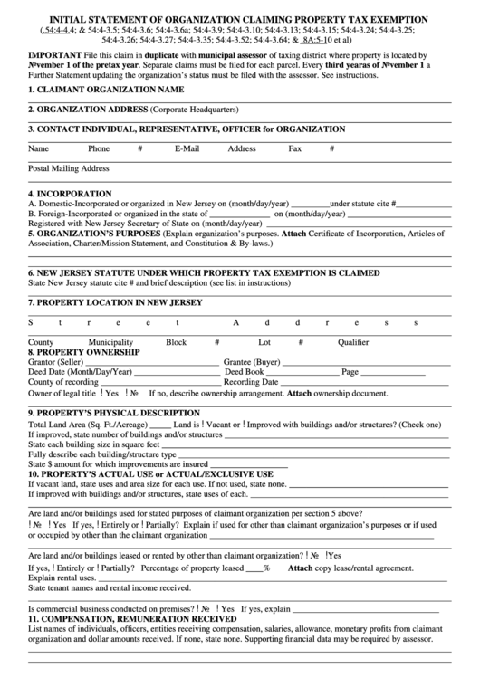 Fillable Initial Statement Of Organization Claiming Property Tax Exemption Form Printable pdf