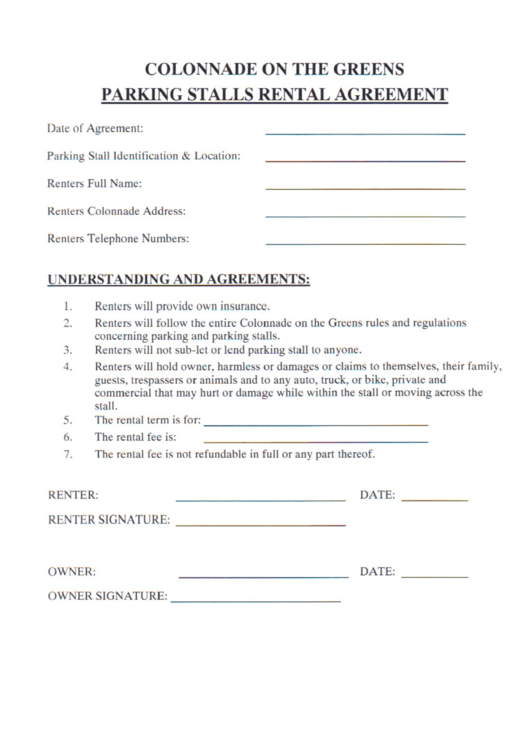 Parking Stall Rental Agreement Form Printable pdf