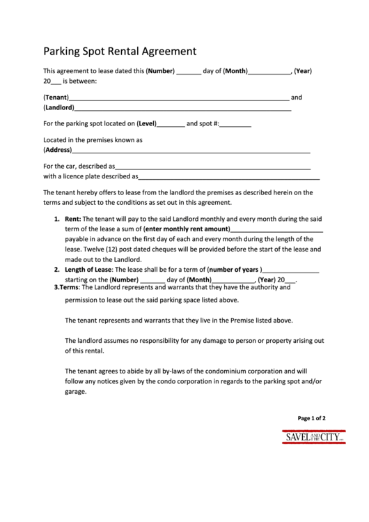 Parking Spot Rental Agreement Form Printable pdf