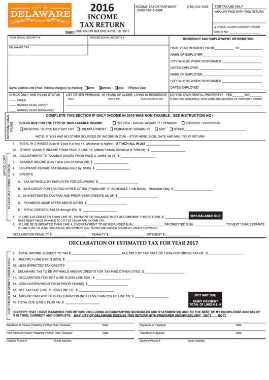 City Of Delaware Individual Income Tax Form - 2016 Printable pdf