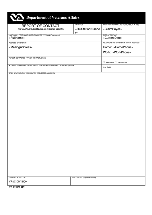 Department Of Veterans Affairs Report Of Contact Printable pdf