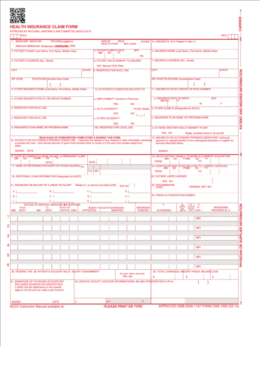 Fillable 2012 Health Insurance Claim Form Printable pdf