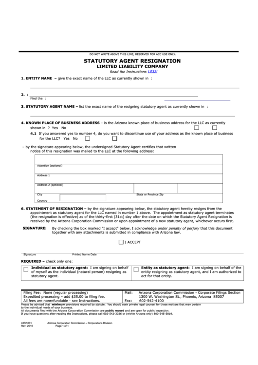 Fillable Form L032.001 - Statutory Agent Resignation - 2010 Printable pdf