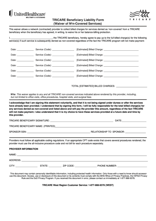 Fillable Tricare Beneficiary Liability Form (Waiver Of Non-Covered Services) Printable pdf