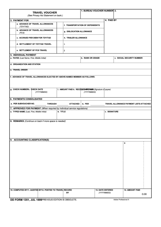Fillable Dd Form 1351, Travel Voucher Printable pdf