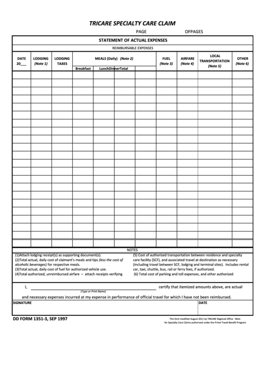 Fillable Dd Form 1351-3, Tricare Specialty Care Claim Printable pdf