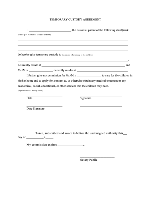 Temporary Custody Agreement Printable pdf
