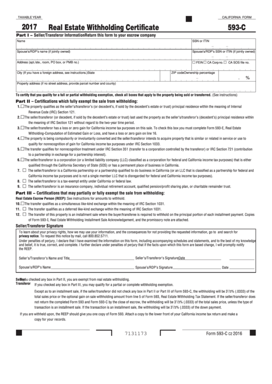 Fillable California Form 593-C - Real Estate Withholding Certificate - 2017 Printable pdf