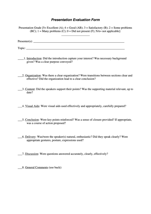 Fillable Presentation Evaluation Form Printable pdf