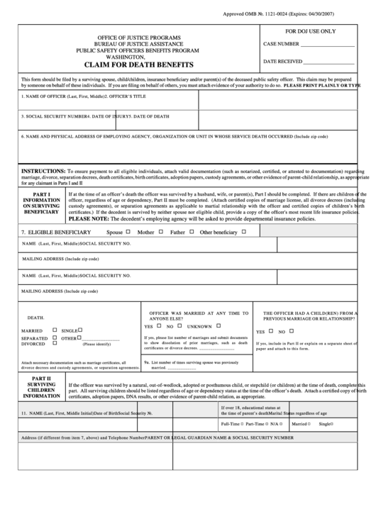 Fillable Claim For Death Benefits Form - Public Safety Officers