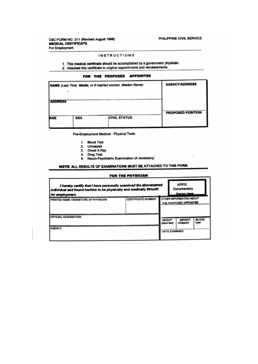 Medical Certificate For Employment - Civil Service Commission Printable pdf