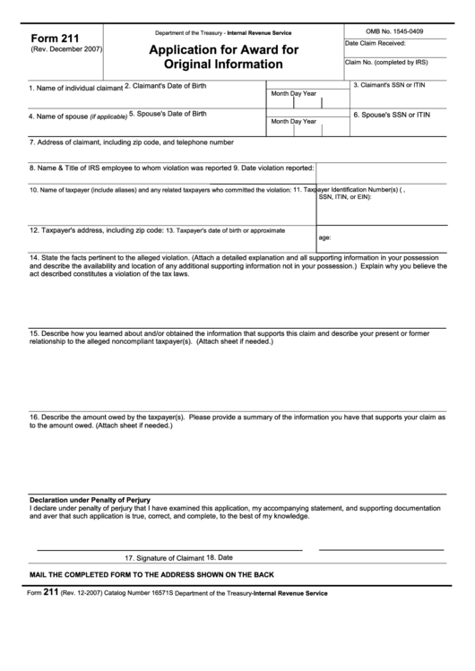 Fillable Form 211 - Application For Award For Original Information Printable pdf