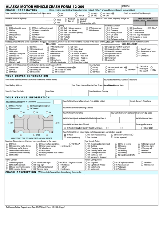 Fillable Alaska Motor Vehicle Crash Form 12-209 Printable pdf
