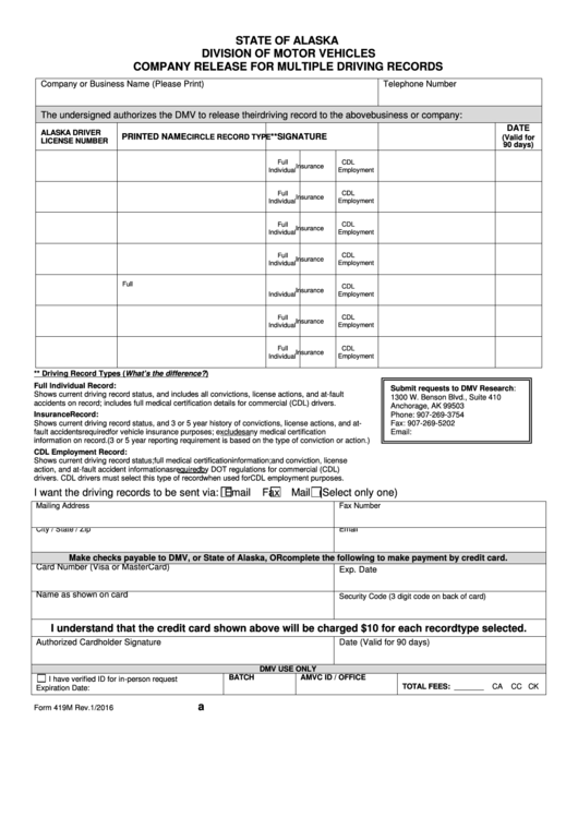 Form 419m - Company Release For Multiple Driving Records