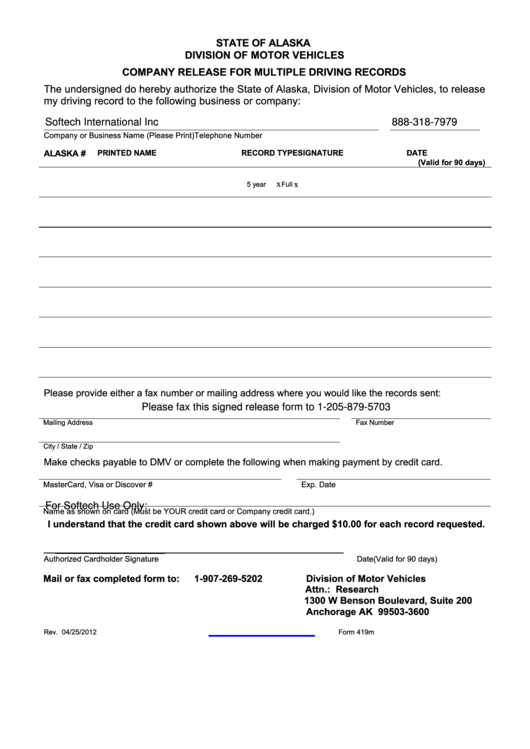 Fillable Form 419m - Company Release For Multiple Driving Records Printable pdf