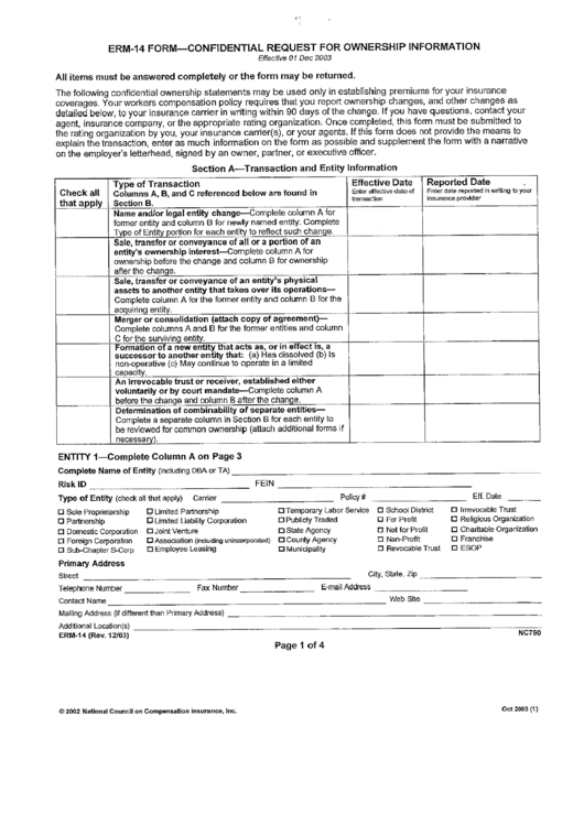 Erm 14 Form - Confidential Request For Ownership Information Printable pdf