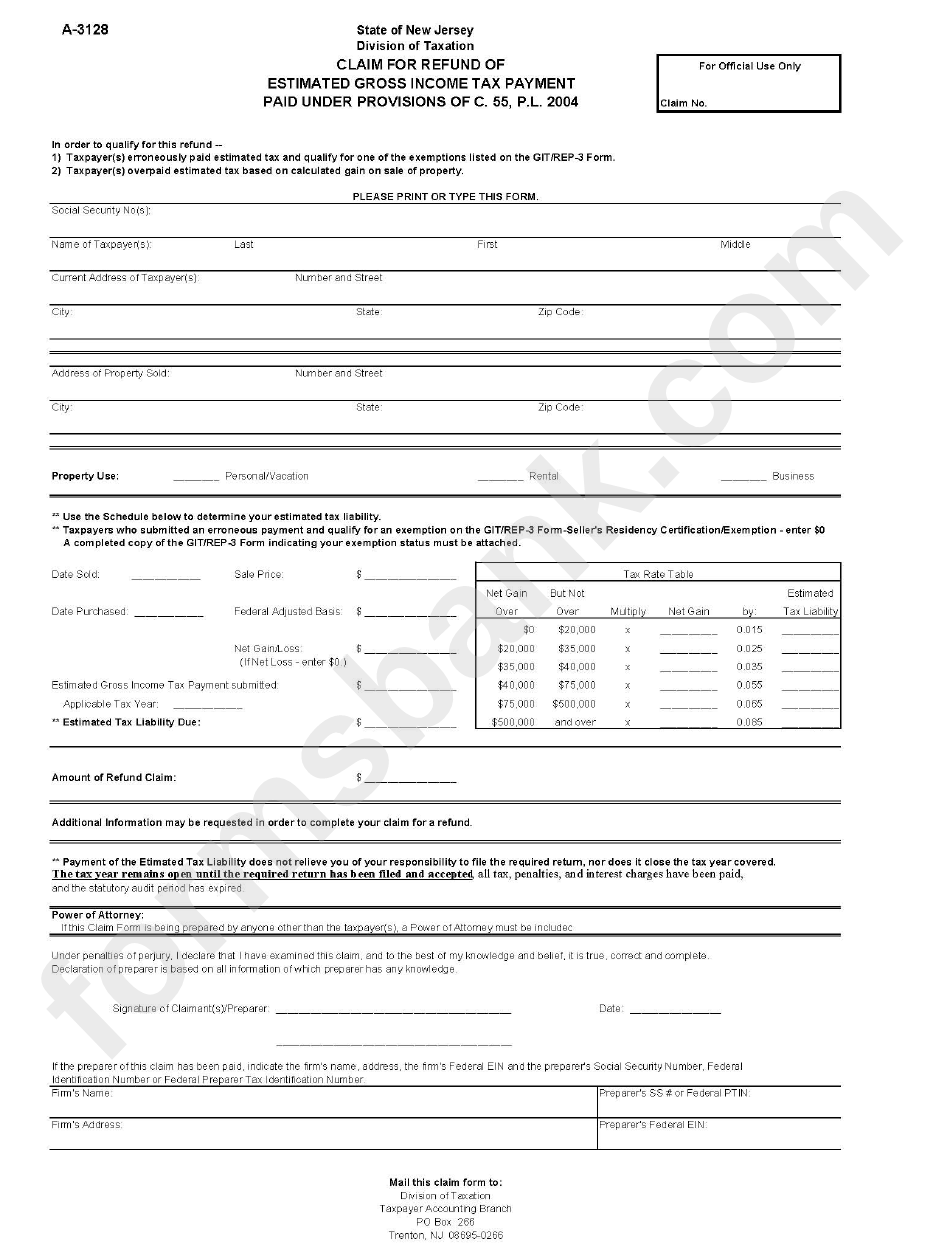 Fillable New Jersey Claim For Refund Of Estimated Gross Tax