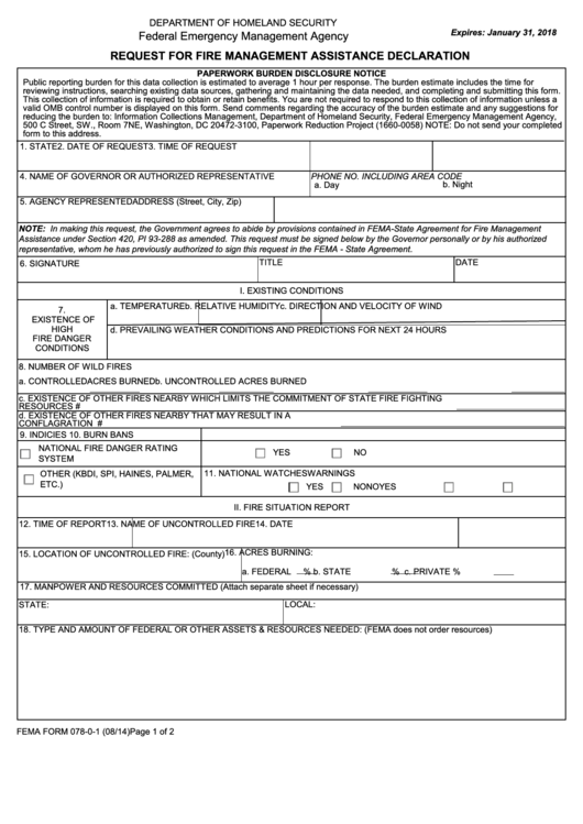 Fillable Fema Form 078-0-1 Request For Fire Management Assistance Declaration Printable pdf