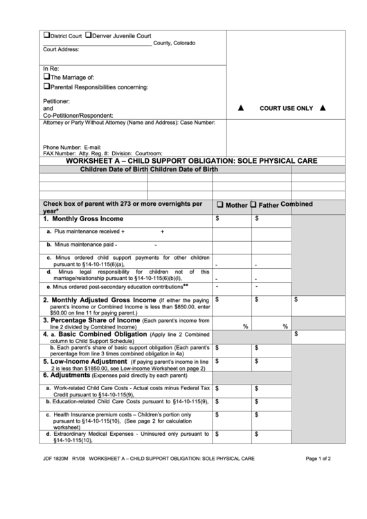 Worksheet A - Child Support Obligation: Sole Physical Care Printable pdf