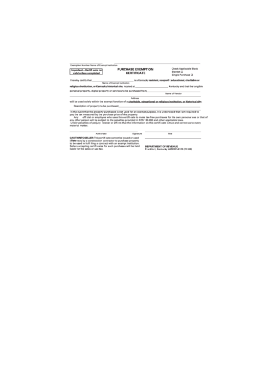 Purchase Exemption Certificate - Kentucky Department Of Revenue Printable pdf