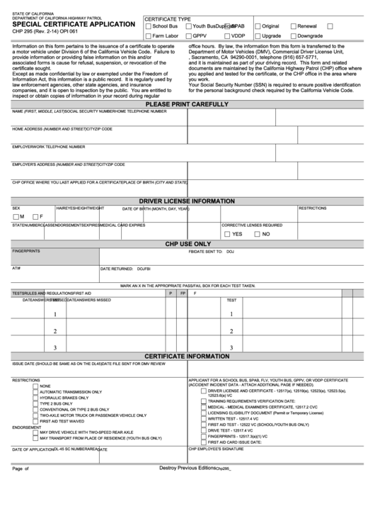 Fillable Special Certificate Application, Chp 295 - California Highway Patrol Printable pdf