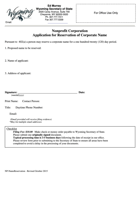 Fillable Nonprofit Corporation Application For Reservation Of Corporate Name - Wyoming Secretary Of State - 2015 Printable pdf