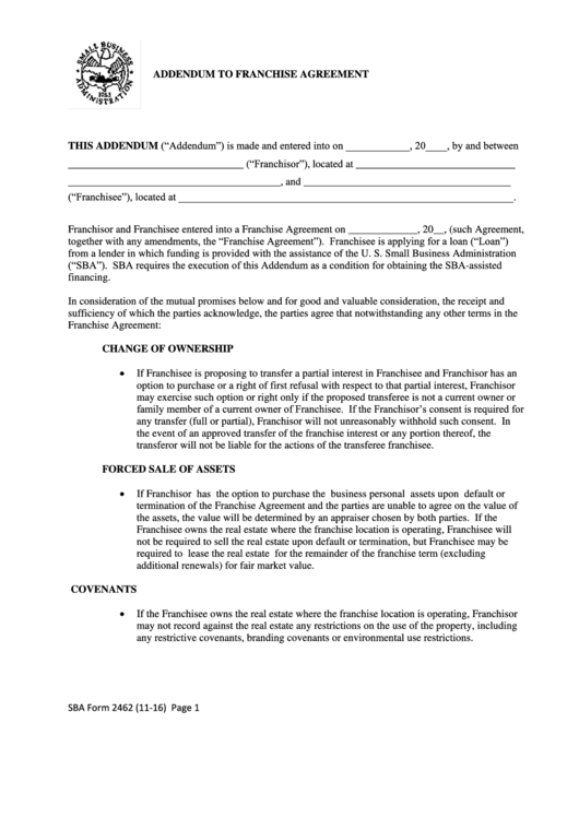 Addendum To Franchise Agreement - Small Business Administration Printable pdf