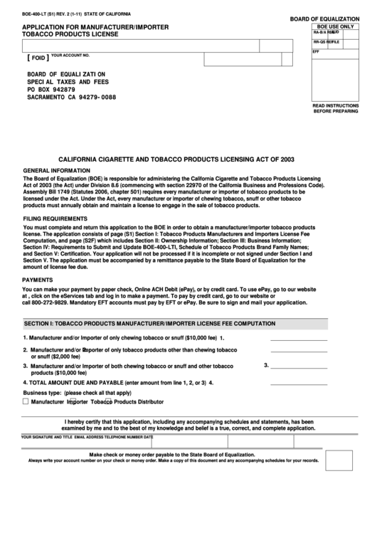 Fillable Application Form For Manufacturer/importer Tobacco Products License Printable pdf