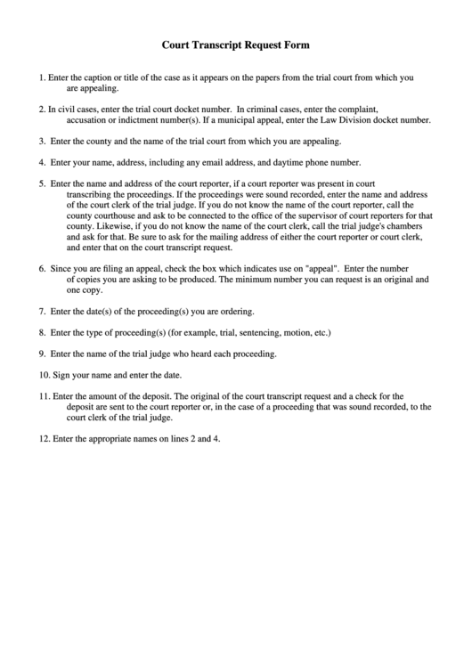 Fillable Court Transcript Request Printable pdf