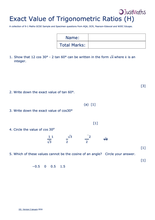 Trigonometric Ratios Worksheet Template Printable pdf