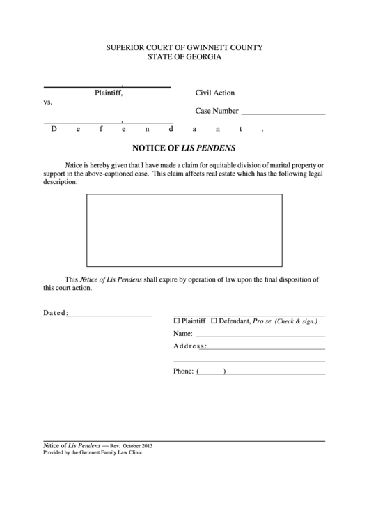 Notice Of Lis Pendens - Gwinnett Family Law Clinic Printable pdf