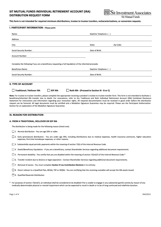 Sit Mutual Funds Individual Retirement Account (Ira) Distribution Request Form Printable pdf