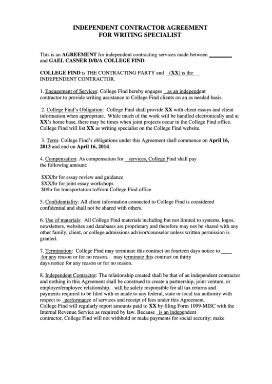 Independent Contractor Agreement For Writing Specialist Printable pdf