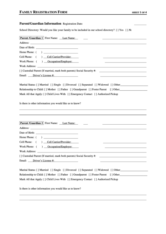 Family Registration Form Printable pdf
