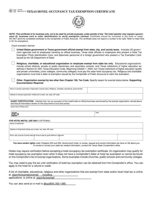 Fillable Form 12-302 - Texas Hotel Occupancy Tax Exemption Certificate Printable pdf