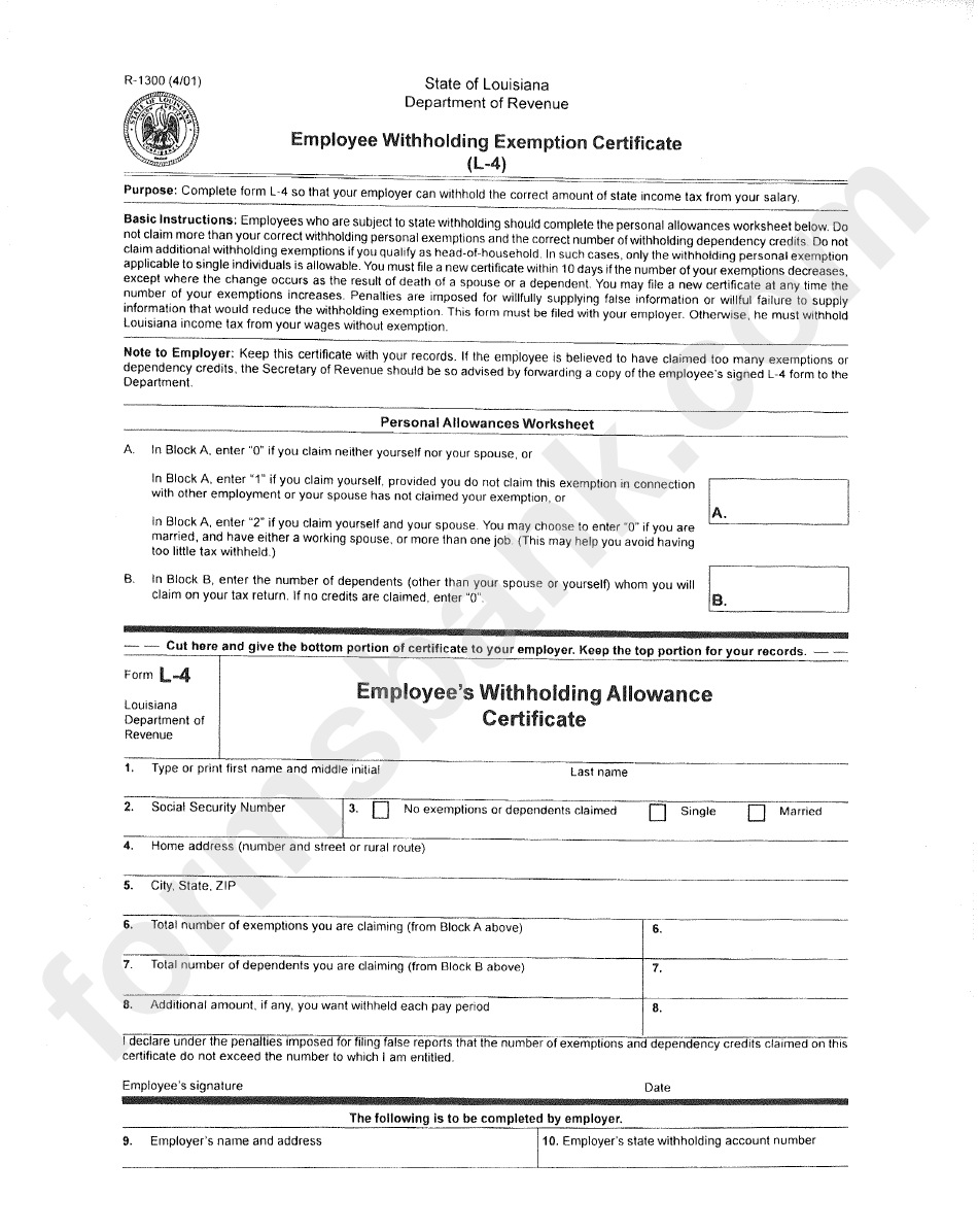 Form R-1300 - Louisiana Employee Withholding Exemption Certificate (L-4) - 2001