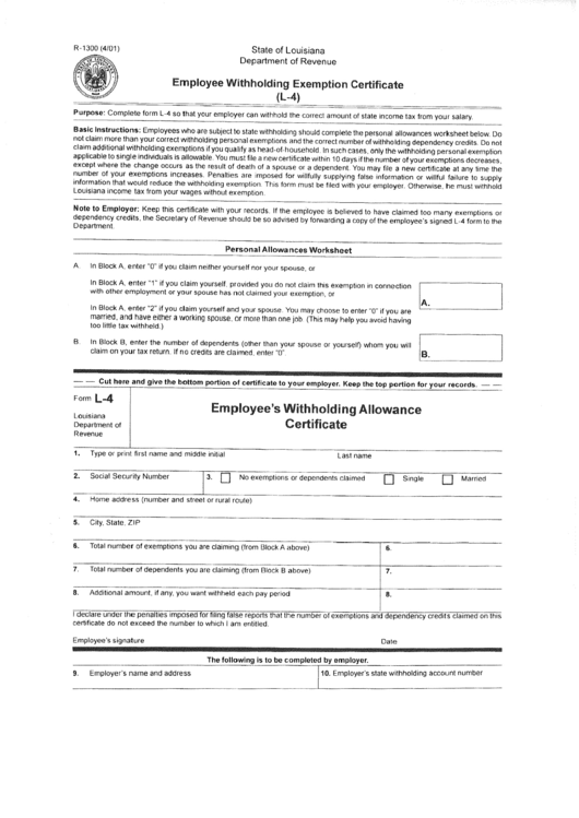 Form R-1300 - Louisiana Employee Withholding Exemption Certificate (L-4) - 2001 Printable pdf