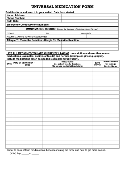 Universal Medication Form Cannon Memorial Hospital Printable Pdf Download