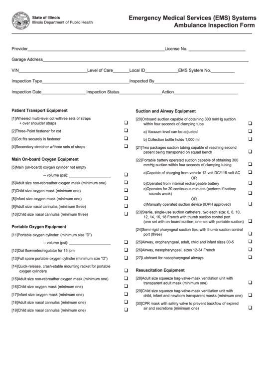 Emergency Medical Services (Ems) Systems Ambulance Inspection Form Printable pdf