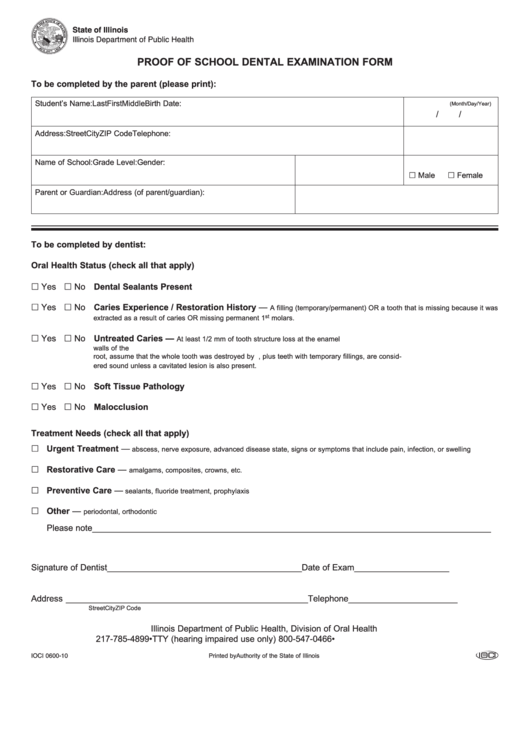 Fillable Proof Of School Dental Examination Form - Illinois Department Of Public Health Printable pdf