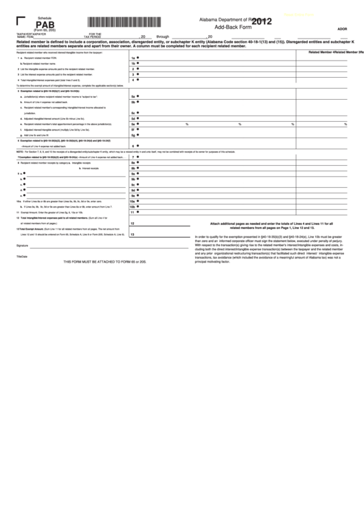 Fillable Form 65,20s - Schedule Pab - Add-Back Form - 2012 Printable pdf